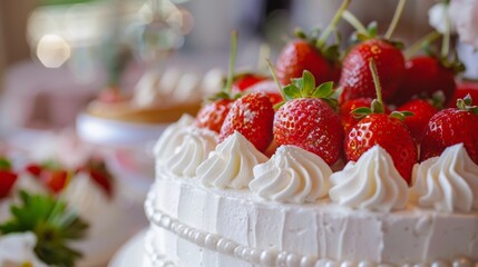 Canvas Print - A cake topped with white frosting and strawberries