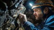Against a backdrop of cragged rock formations and flickering headlamps a skilled geologist carefully examines a of shimmering ore their safety helmet adorned with key geological tools. .