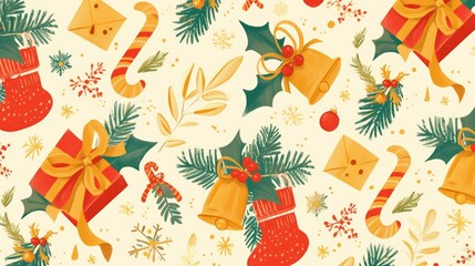 Sticker - Celebrate the arrival of the new year with a festive Merry Christmas 2d pattern featuring mistletoe bells gifts poppers and candy canes Perfect for wrapping paper fabric designs and