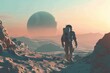 An astronaut stands on alien soil, gazing at a distant planet rising