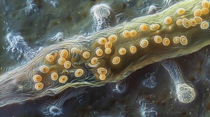 Wall Mural - A magnified view of a female nematode laying eggs the tiny ovalshaped eggs arranged neatly in a row as they are extruded from her