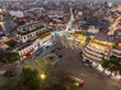 Aerial drone view of Hanoi old quarter at twilight in Hoan Kiem district.