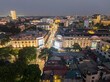 Aerial drone view of Hanoi old quarter at twilight in Hoan Kiem district.