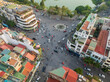 Aerial drone view of Hanoi old quarter in Hoan Kiem district.