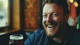 Fototapeta  - A smiling bearded man savoring a pint of beer in a cozy pub atmosphere, capturing a moment of joy and relaxation.
