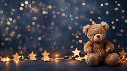 plush teddy bear sitting amidst star-shaped lights and a glittering bokeh background, conveying a co