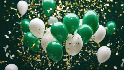 Wall Mural - 'green white bottom. dark floating a confetti gold air balloons bunch background party birthday celebration blue happy decoration fun colours balloon red abstract flying helium ai ball'
