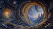 A spiral cave with a castle in the distance, a glowing orb in the sky, and a path leading into the spiral.