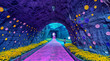 A purple, pink, and blue light tunnel with yellow flowers on either side and a person standing at the end.