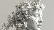 Design a 3D image where a classical female sculpture is brought to life with the infusion of spring flowers, AI Generative