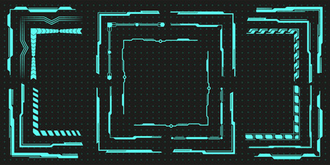 Wall Mural - Geometric trendy y2k ui frame element set, vintage neon game hud icon graphic, modern techno 90s interface shape aesthetic, digital space groovy decoration vector, blue neon abstract acid collection.