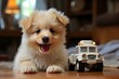 cute puppy playing with car toys at home in the playroom of his house