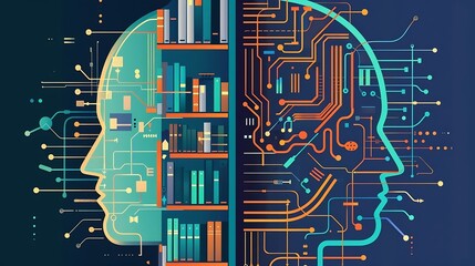 Poster - Generative AI : A visually striking graphic that is split into two halves. On one side, depict a traditional library or database to symbolize Large Language Models