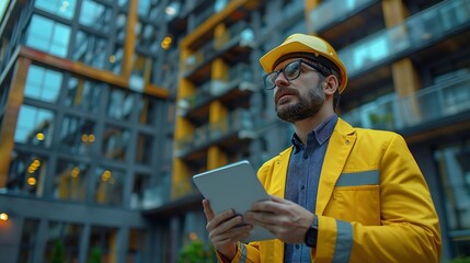 Poster - Generative AI : engineer holding a tablet inspecting a modern office building