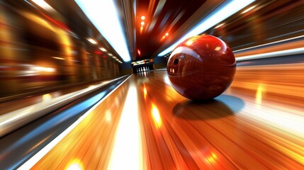 Fast-moving bowling ball on a shiny lane with motion blur effect.