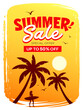 Summer Sale, Silhouette coconut tree and Woman standing holding a surfboard, poster flyer holiday design yellow and orange background, Eps 10 vector illustration
