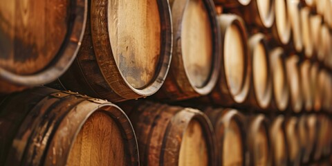 Close-up of aged wooden wine barrels stacked in a rustic wine cellar, evoking tradition and craftsmanship.