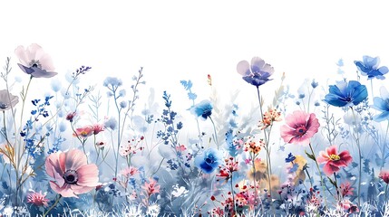 Beautiful horizontal mural with watercolor wild field flowers. Stock mural. Floral design. Generative Ai