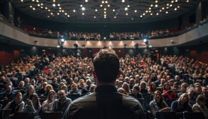 Wall Mural - A man stands in front of a crowd of people in a large auditorium by AI generated image