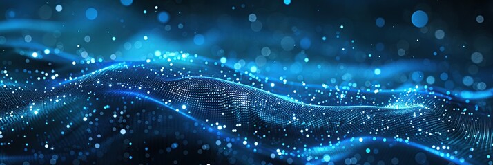 Poster - Abstract digital background with blue glowing dots and wavy lines. The wave pattern flow of data technology.