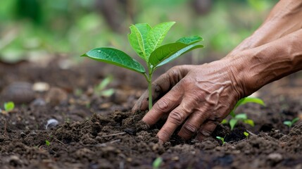 Wall Mural - Two hands of the man were planting small tree into the ground.