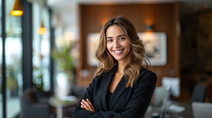 Wall Mural - A businesswoman in a black suit is smiling and posing for a photo, in her room