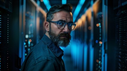 Wall Mural - A man with glasses and a beard stands in a modern sever room