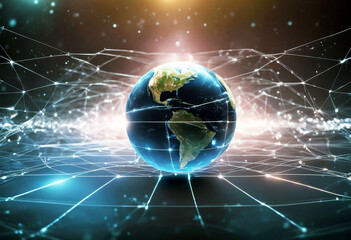 Wall Mural - 'effect light background theme technology futuristic flow data gital motion globe earth lines connection concept network world global communication abstract planet cyberspace networking'