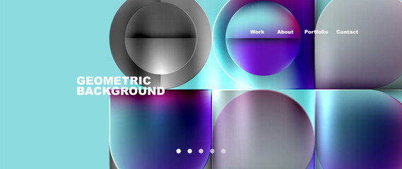 Aufkleber - A geometric background featuring circles and squares in shades of purple, violet, and magenta on an electric blue backdrop. Perfect for technology or eyewear material properties. Font in aqua