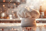 Fototapeta Las - kitchen chef hat against a backdrop of a bustling kitchen, enhanced by a bokeh background, capturing the essence of culinary expertise and ambiance.