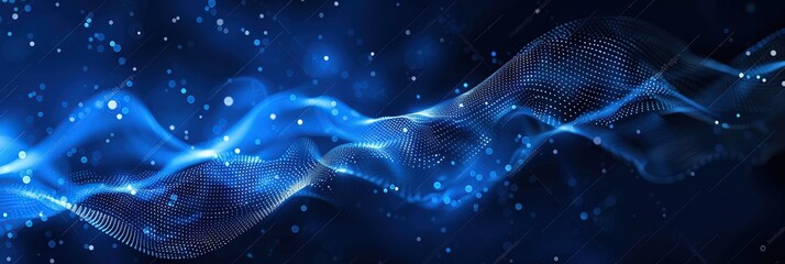Poster - Abstract blue digital background with glowing dots and wavy lines the concept of data technology.