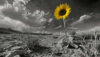 Yellow sunflower in the desert on black and white background.