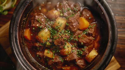 Wall Mural - Hearty beef and potatoes stew cooking in a slow cooker, creating a comforting and flavorful meal