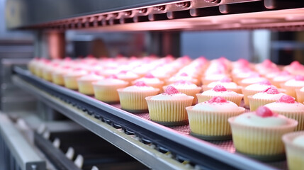 cupcake on automatic conveyor belt process of baking in factory. food industry, cookies and cake pro