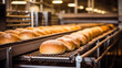 Loaves of bread on conveyor belt in factory, photo shot