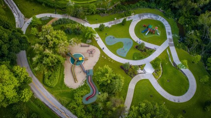 Wall Mural - An aerial perspective showing a playground with swings, slides, and children playing in a park setting