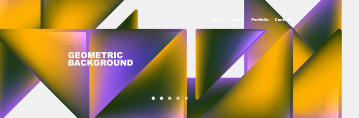 Poster - Colorfulness pops in a geometric background of purple and yellow triangles on a white rectangle. Shades of violet, magenta, and electric blue add depth and dimension