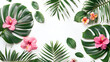 Pattern from palms, monstera leaves and tropical pink flowers on the white background Flat-lay, top view, copy space for your text, Top view of green tropical leaves and red flowers on a white 