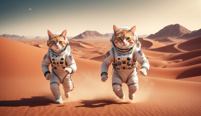 Wall Mural - a whimsical scene of a cat astronaut wearing a space suit, running through a vast red martian desert landscape