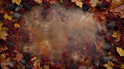 Canvas Print - A festive autumnal background with scattered leaves, pine cones, and red berries, ideal for seasonal themes.