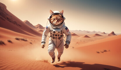 Wall Mural - a whimsical scene of a cat astronaut wearing a space suit, running through a vast red martian desert landscape