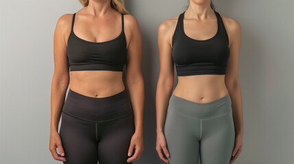 A comparison showing the before and after transformation of a middle-aged woman from overweight to slim. Illustrating the journey of weight loss and physical transformation.
