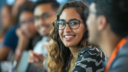 Wall Mural - A diverse group of individuals sitting next to each other, engaged in animated discussions during a conference hall event