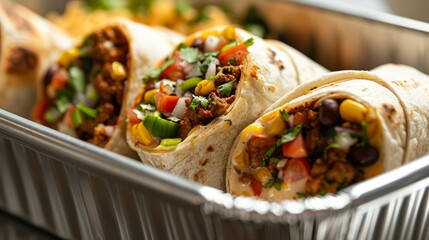 Canvas Print - A metal container brimming with delicious tacos and colorful vegetables, showcasing a mouthwatering blend of Mexican flavors