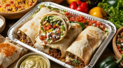 Wall Mural - A tray filled with burritos sits next to a bowl of guacamole, showcasing a delicious Mexican meal ready to be enjoyed