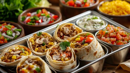 Wall Mural - A tray filled with a variety of traditional Mexican burritos, accompanied by vibrant salsa