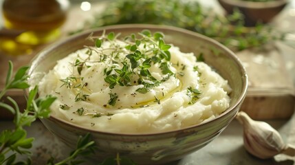 Canvas Print - A bowl filled with creamy mashed potatoes, garnished with a variety of fresh herbs creating a flavorful and visually appealing dish