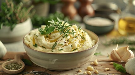 Canvas Print - A bowl filled with creamy mashed potatoes topped with a variety of fresh herbs