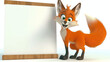 Animated fox character standing next to a blank sign with a clever expression.