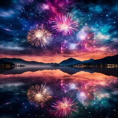 Poster - A fireworks display reflected in the calm waters of a lake, creating a mesmerizing mirror image of the vibrant colors,